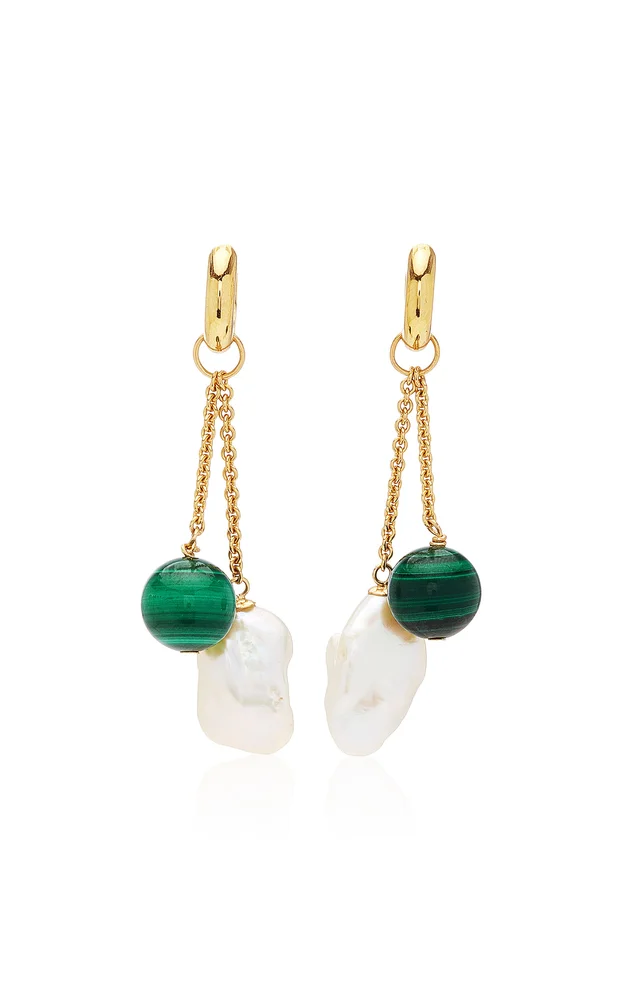 18K Gold, Malachite And Pearl Earrings