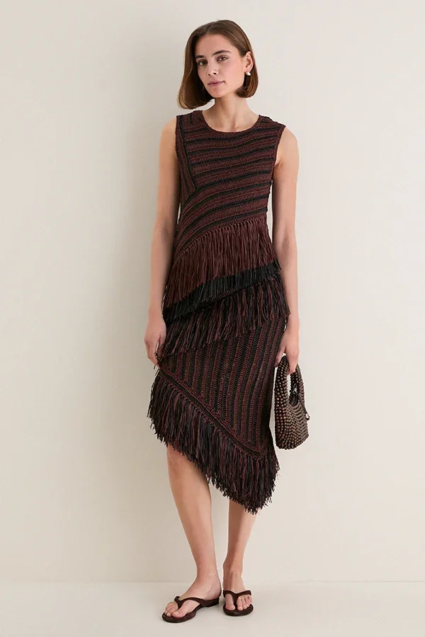Chocolate Brown and Black Beja Midi Skirt