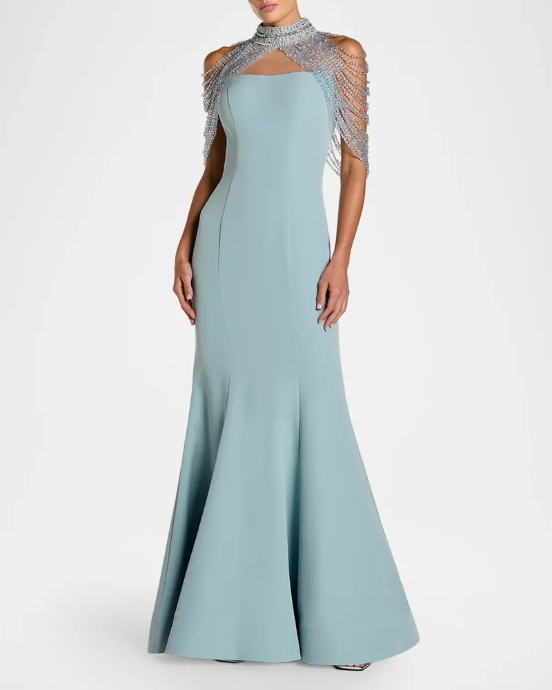 Beaded Capelet Crepe Mermaid Gown