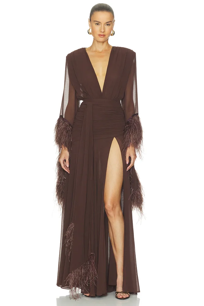 Long Sleeve Deep-v Feather Gown