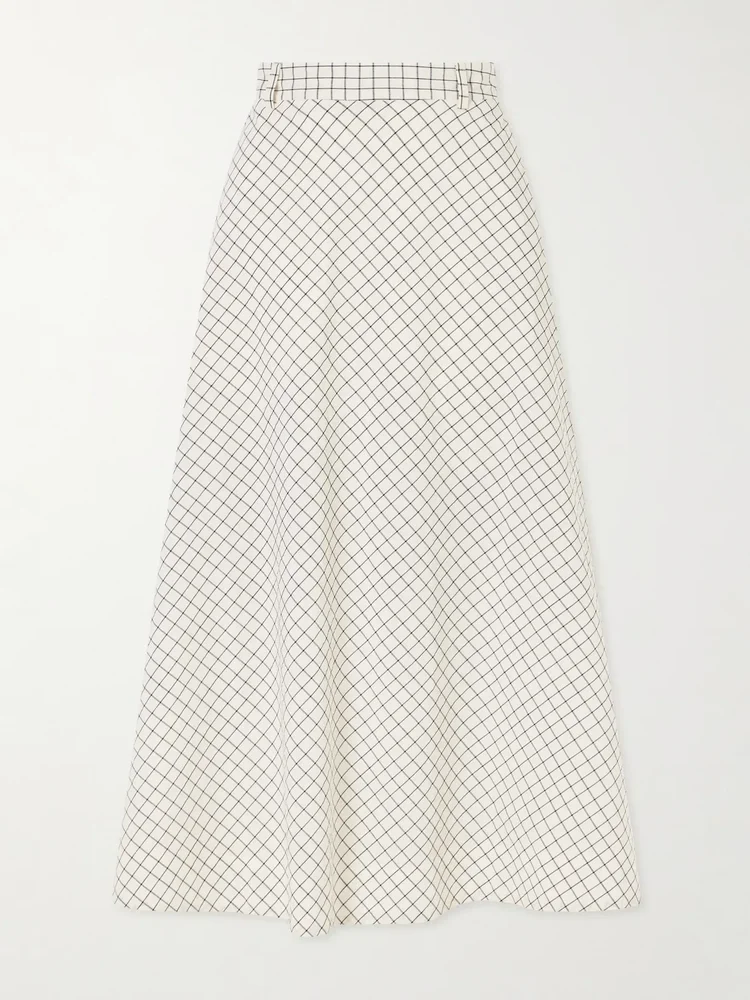Checked cotton-blend poplin midi skirt