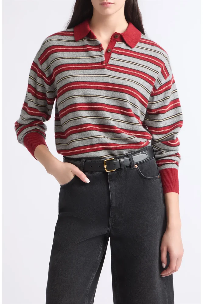 Collegiate Striped Cashmere Polo Sweater