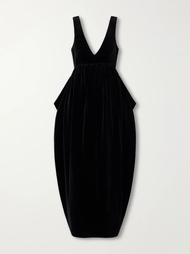 Sculptural Volume peplum cotton-velvet maxi dress