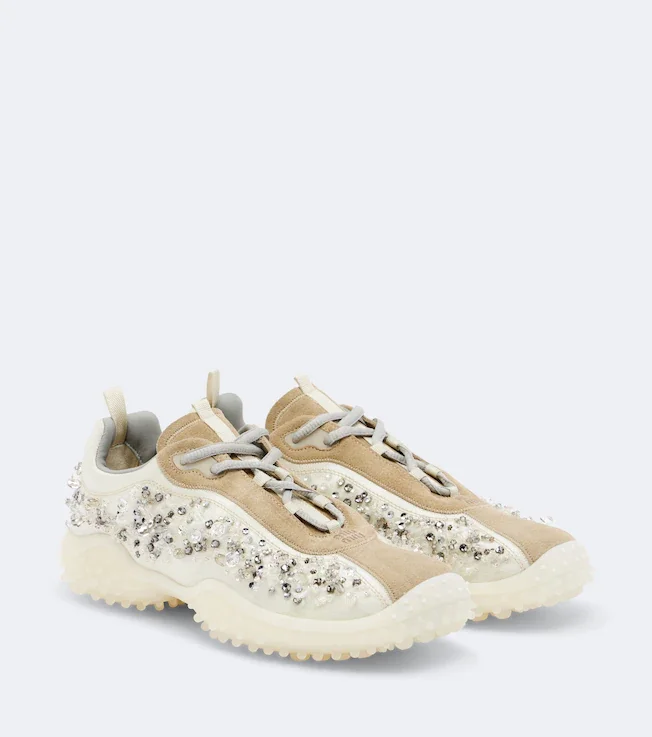 Bubble embellished suede-trimmed sneakers