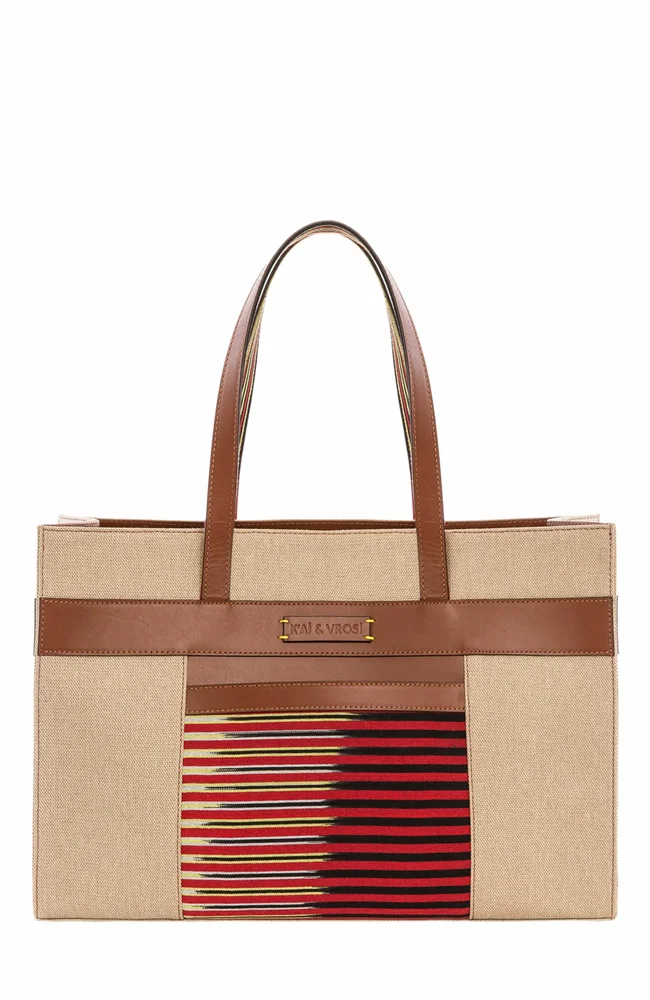Leather & Canvas Tote Bag with Pockets