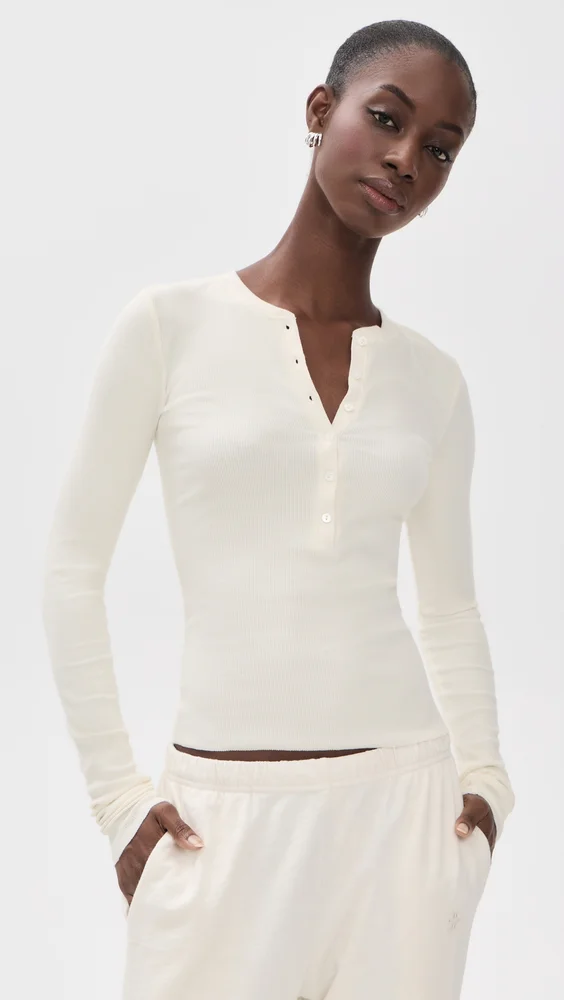 Long Sleeve Henley Top Cream
