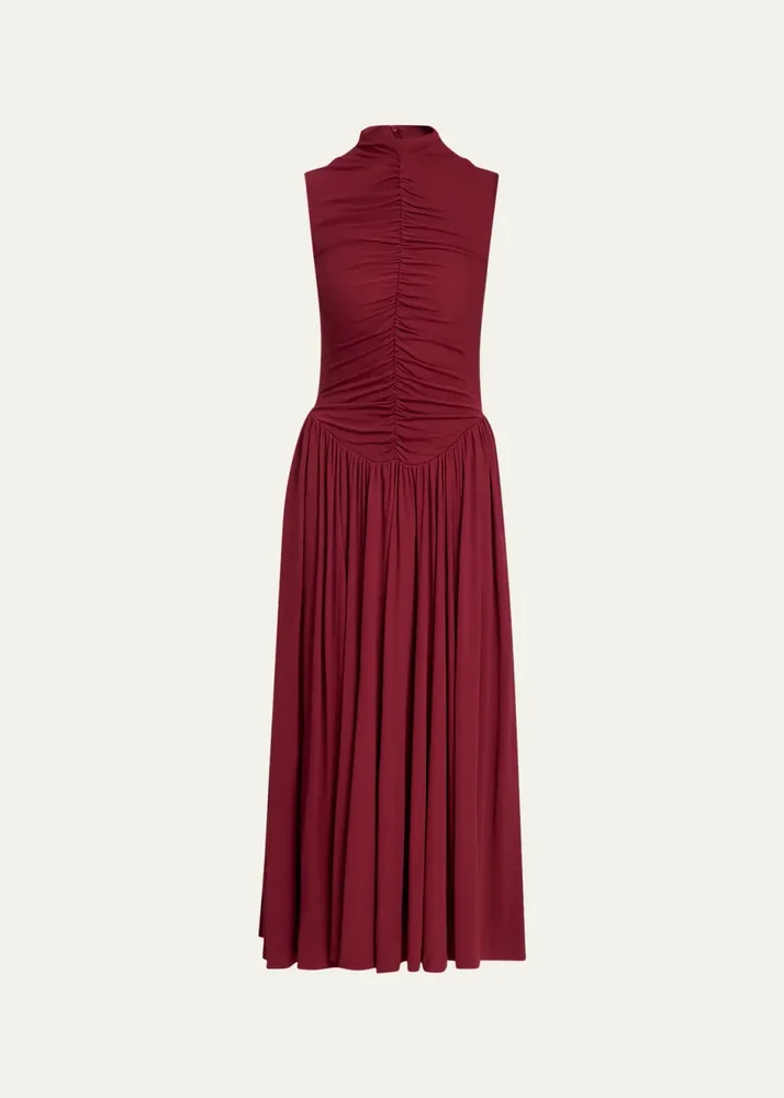 Faria Ruched Mock-Neck Jersey Midi Dress