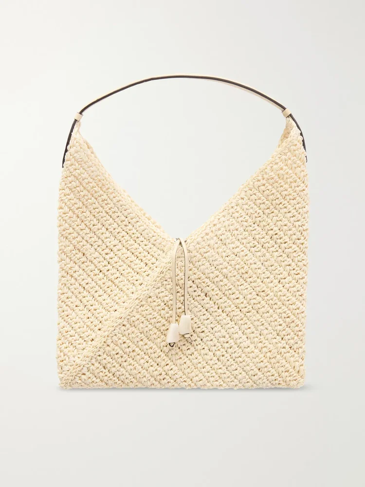 Origami small leather-trimmed raffia tote
