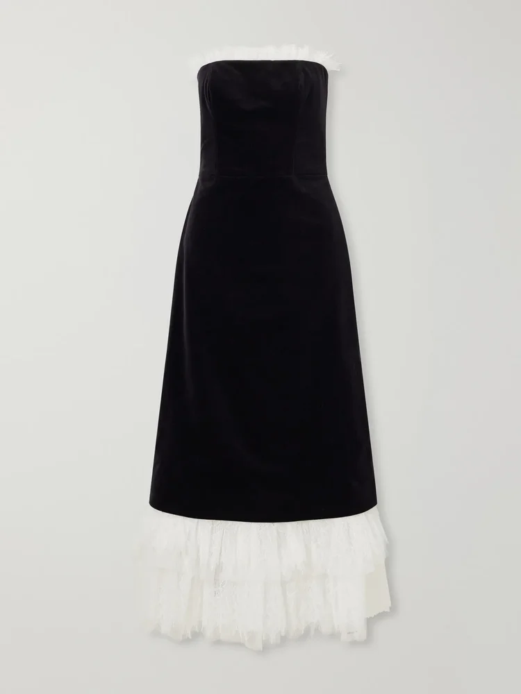 Isabetta strapless tulle and lace-trimmed cotton-velvet midi dress