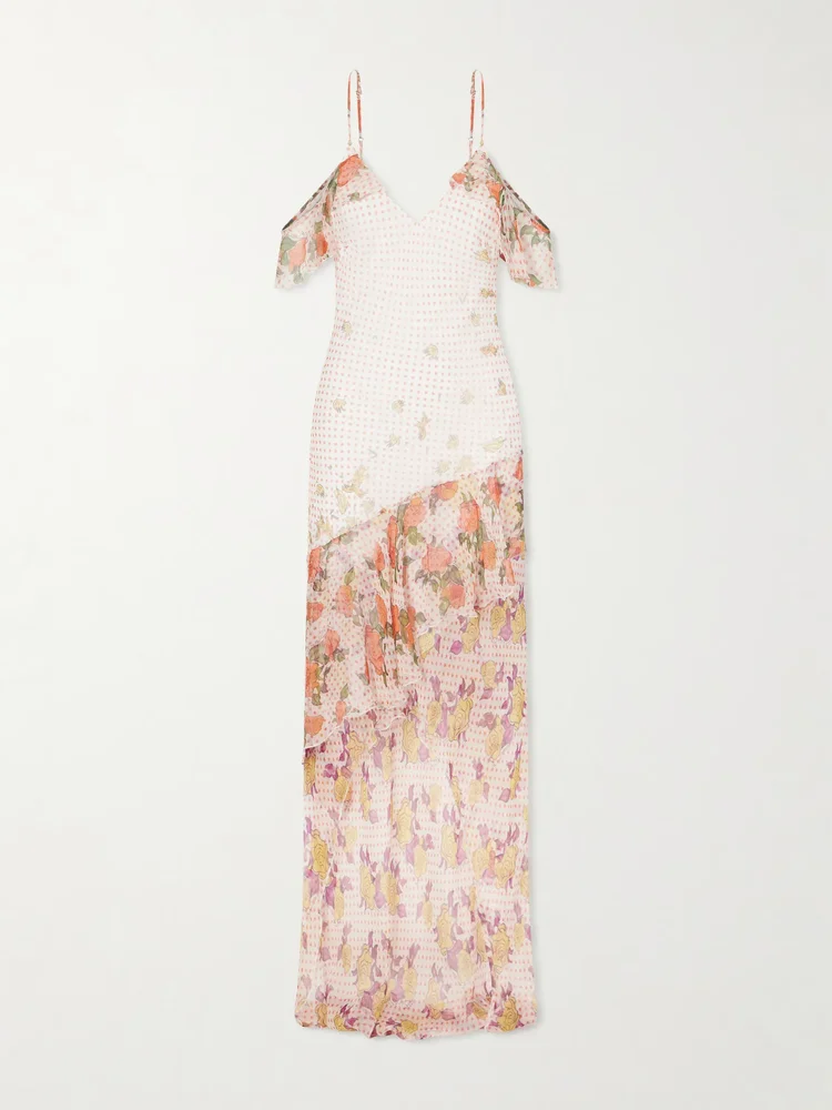 Pajaritos y Rosas printed ruffled silk-chiffon maxi dress