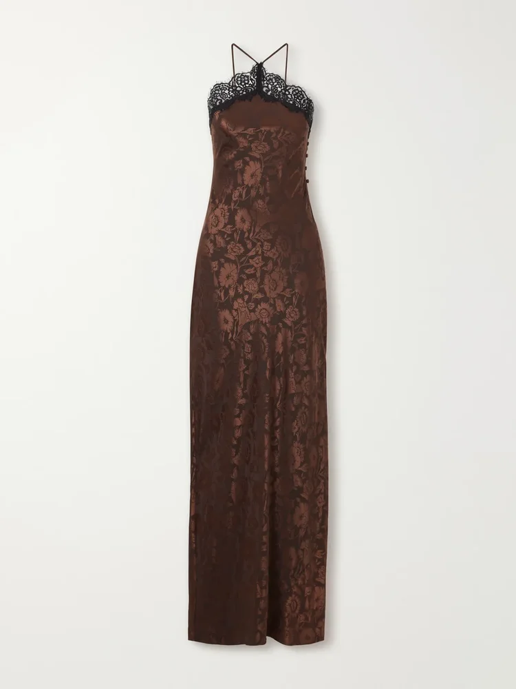 Rue lace-trimmed floral-jacquard silk-blend satin gown