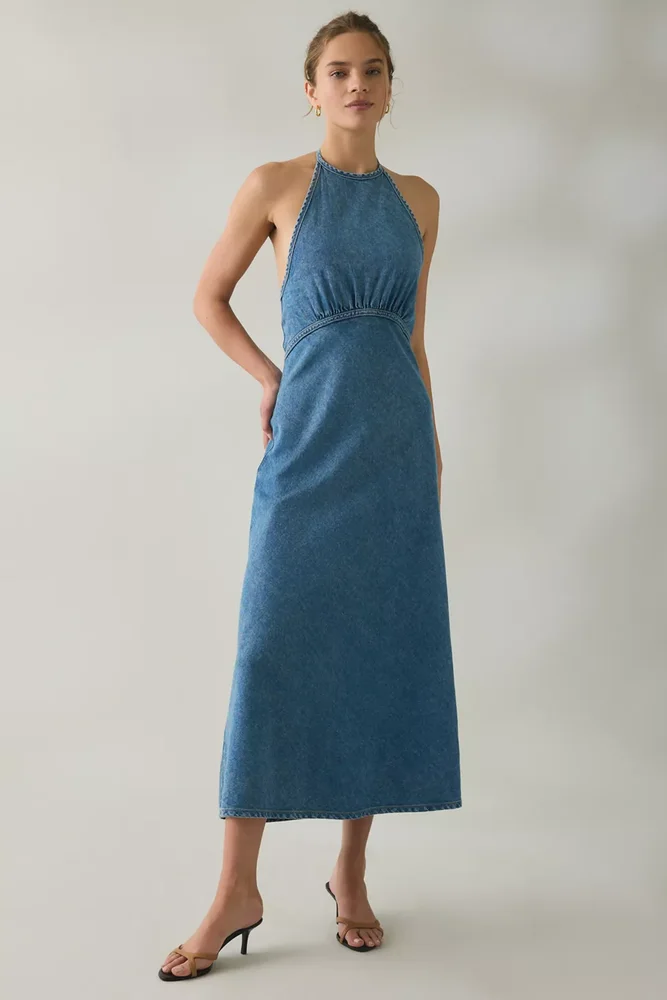 Vilma High Neck Halter Denim Maxi Dress