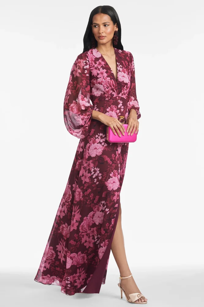Sachin & Babi JENNY MAGENTA FLORAL CHIFFON EMPIRE WAIST GOWN