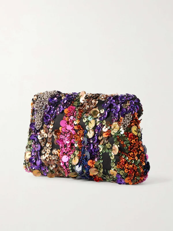 Sequin and bead-embellished satin clutch