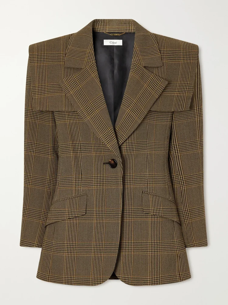Cape-detailed Prince of Wales checked virgin wool-crepe blazer