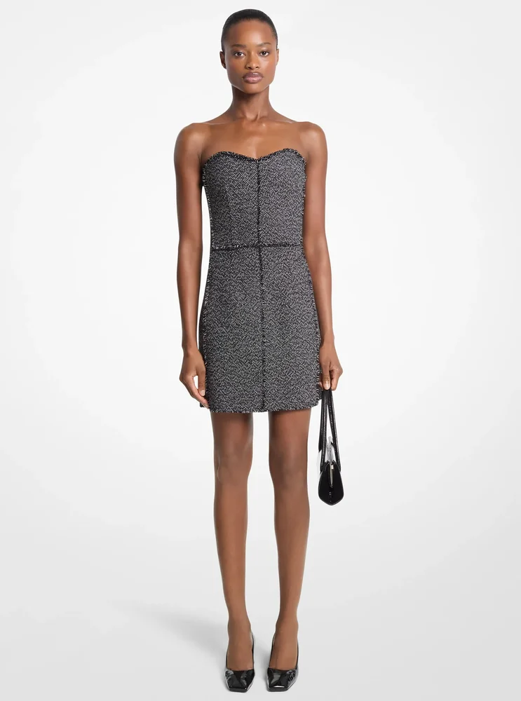 Frayed Crosshatch Tweed Sweetheart Mini Dress