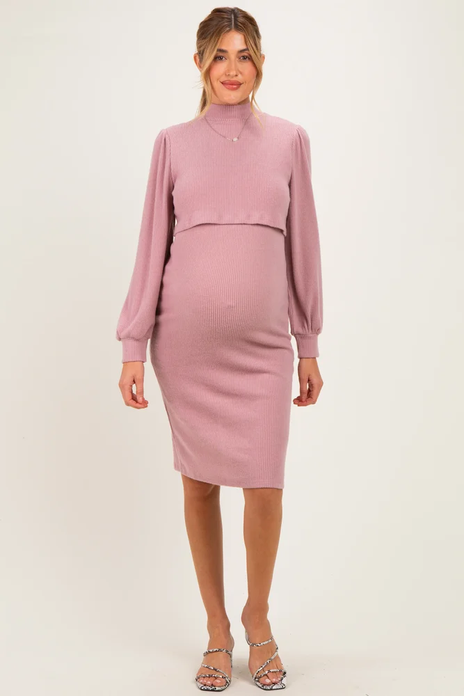 Pink Rib Knit Mock Neck Maternity Nursing Dress