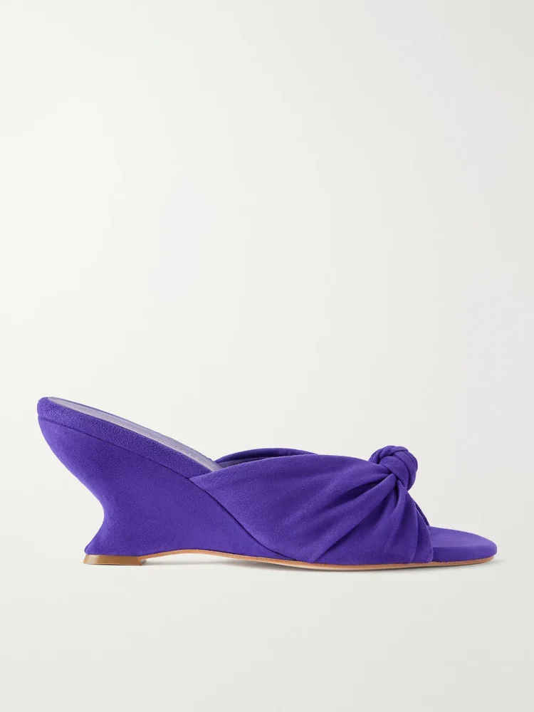 Marsy 75 gathered knotted suede wedge sandals