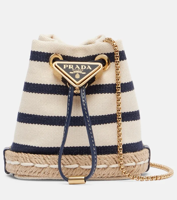 Mini striped canvas bucket bag in blue - Prada