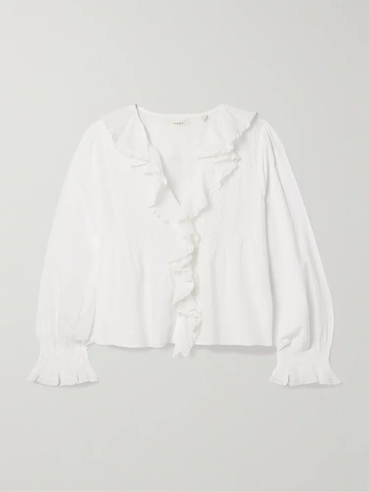 Hardy lace-trimmed ruffled pintucked organic cotton-voile blouse