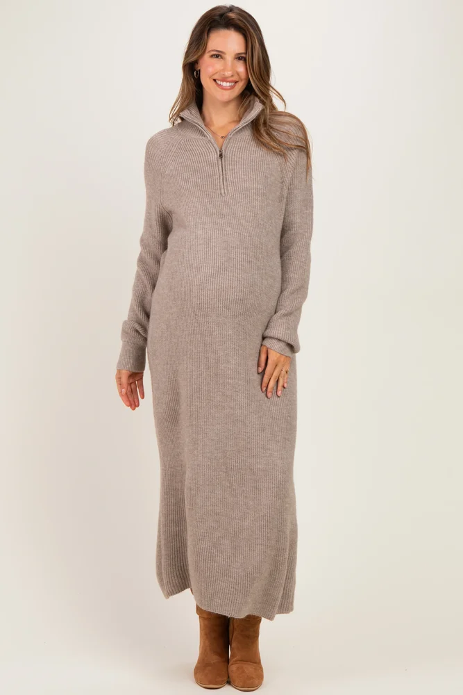 Mocha Ribbed Knit Half-Zip Maternity Midi Sweater Dress