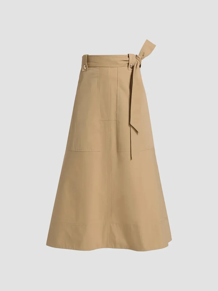Brinson Tie-Waist Cotton Twill A-Line Midi-Skirt