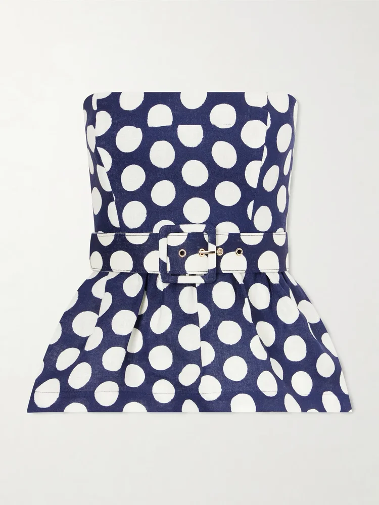 Tilda strapless belted peplum polka dot linen top