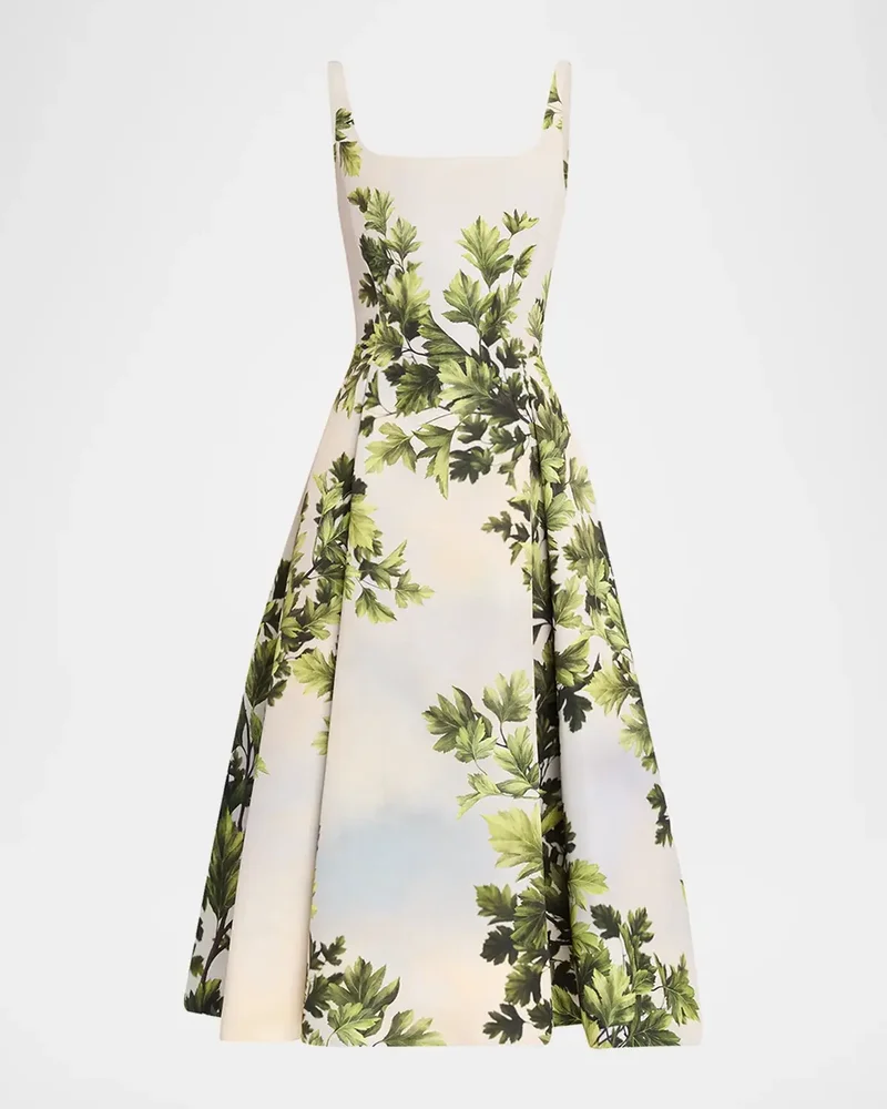 Sleeveless Foliage-Print Faille Square-Neck Midi Dress