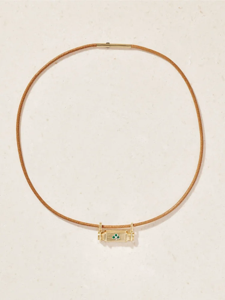 Clover Smash Locket 18-karat yellow and white gold, emerald and leather necklace