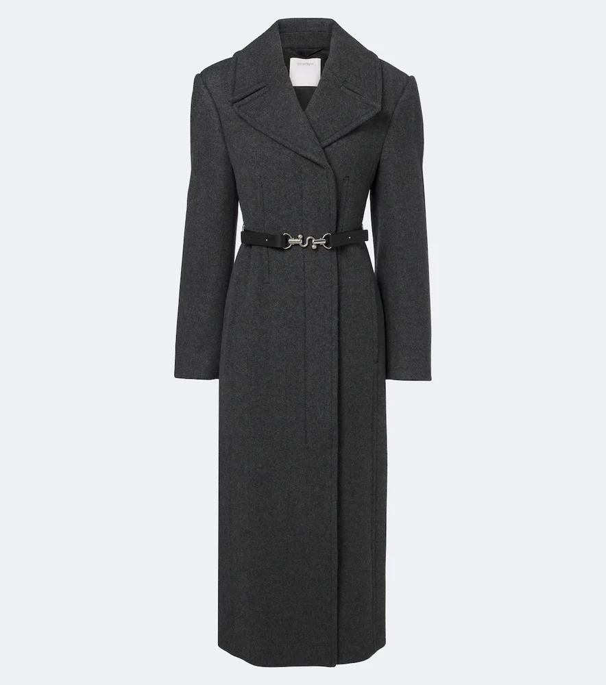 Belted herringbone virgin wool coat