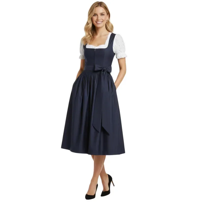 Elegant Blue Cotton Dirndl Outfit | Comfortable & Breathable Dirndl | Daytime Bavarian Dress with Apron