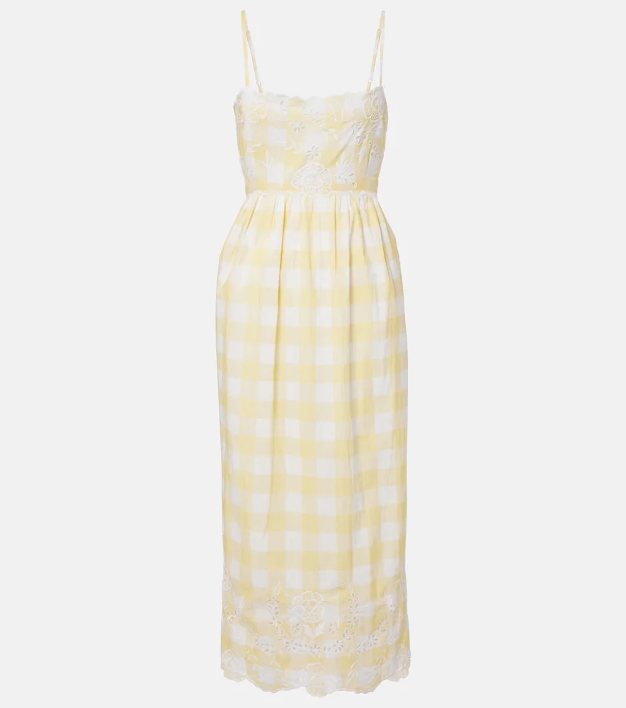 Embroidered checked cotton midi dress