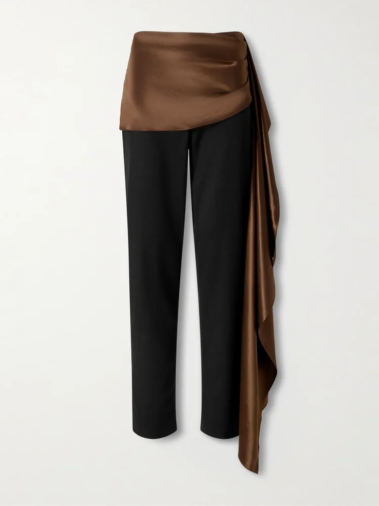 Draped satin-trimmed wool-blend twill straight-leg pants