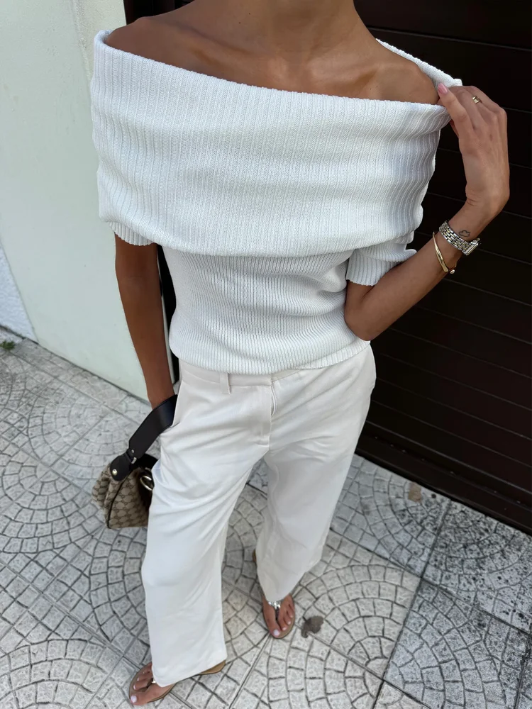 Knitted Bardot Top White