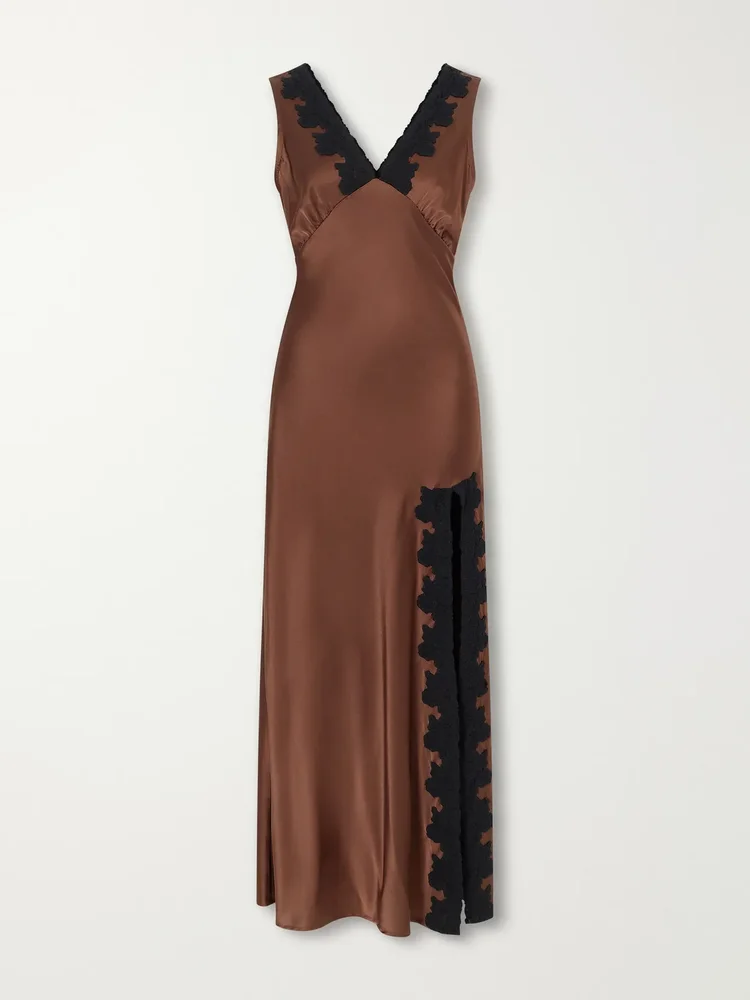 Lace-trimmed silk-blend satin midi dress