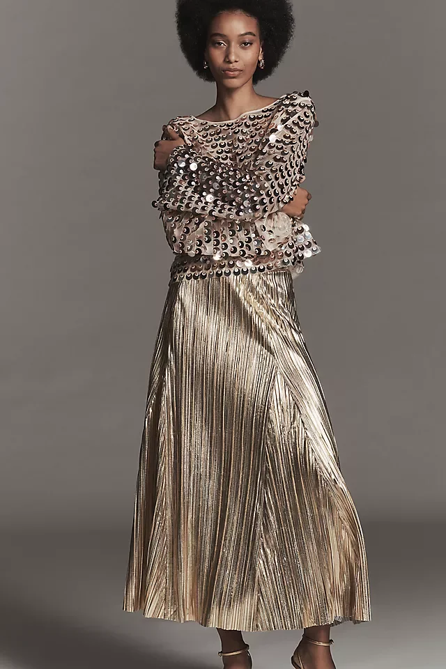 By Anthropologie Metallic Pleated Midi Skirt
