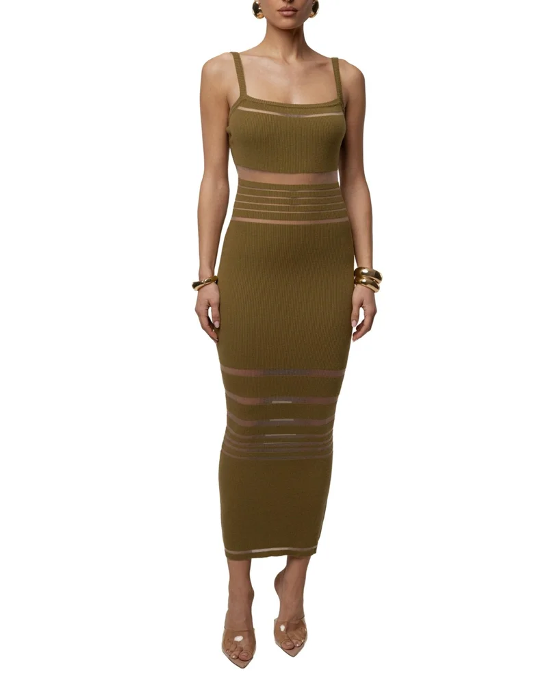 Green Dress - Striped Rib Knit Dress