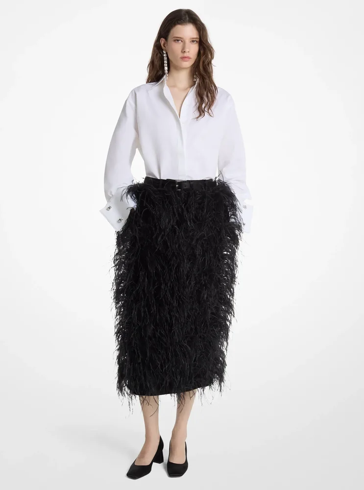 Hand-Embroidered Feather Wool Gabardine Trouser Skirt