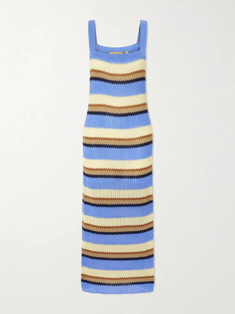 Palazzo striped ribbed silk and linen-blend midi dress