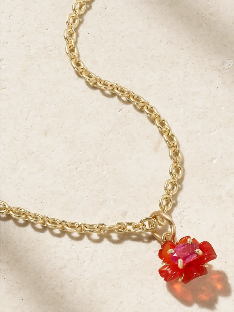 Tropical Flower 18-karat gold, fire opal and rubellite necklace