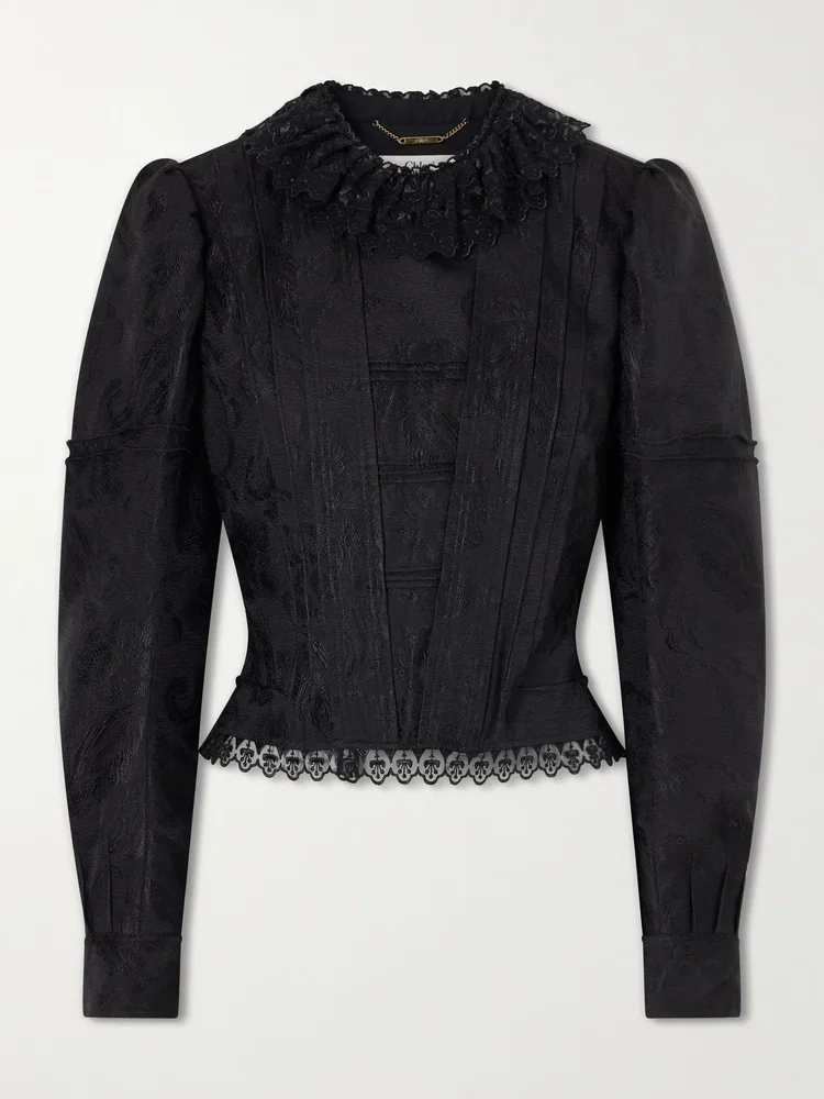 ruffled lace trimmed floral jacquard jacket