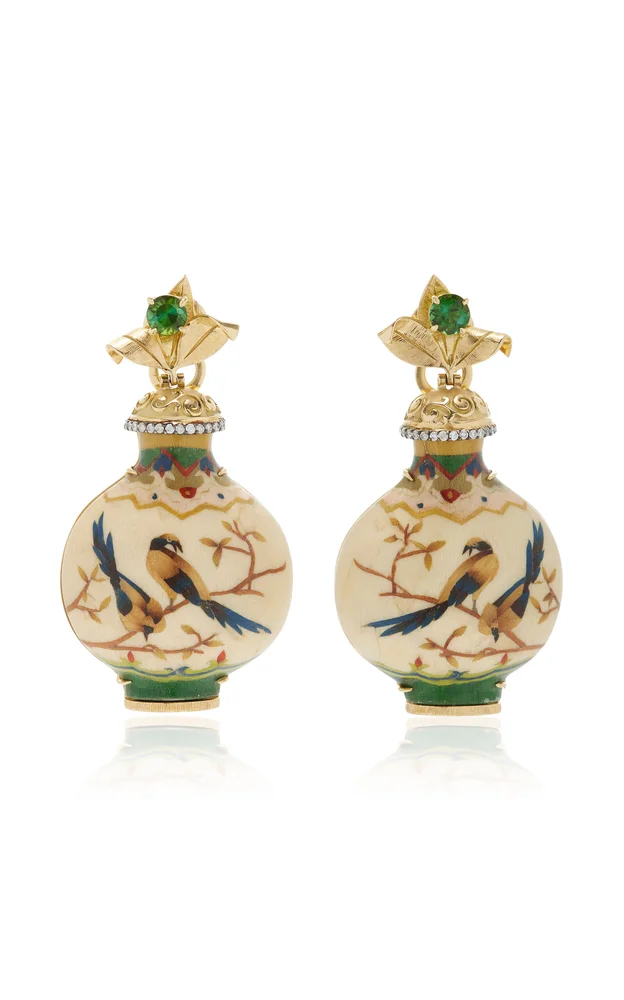 Marquetry Wood 18K Yellow Gold Diamond, Tourmaline Bottle Earrings