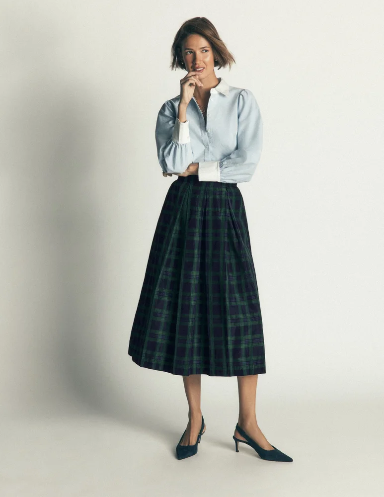 Verity Taffeta Midi Skirt-Navy, Green,Blue Tonal Check