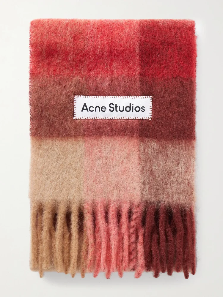 Fringed checked brushed alpaca, wool and mohair-blend scarf
