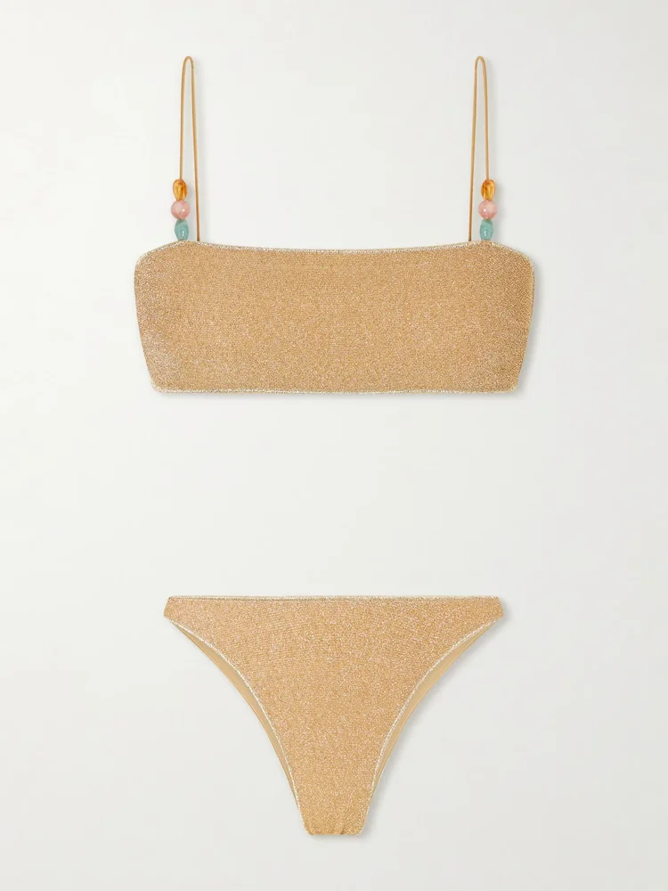 Lumiere bead-embellished metallic bikini