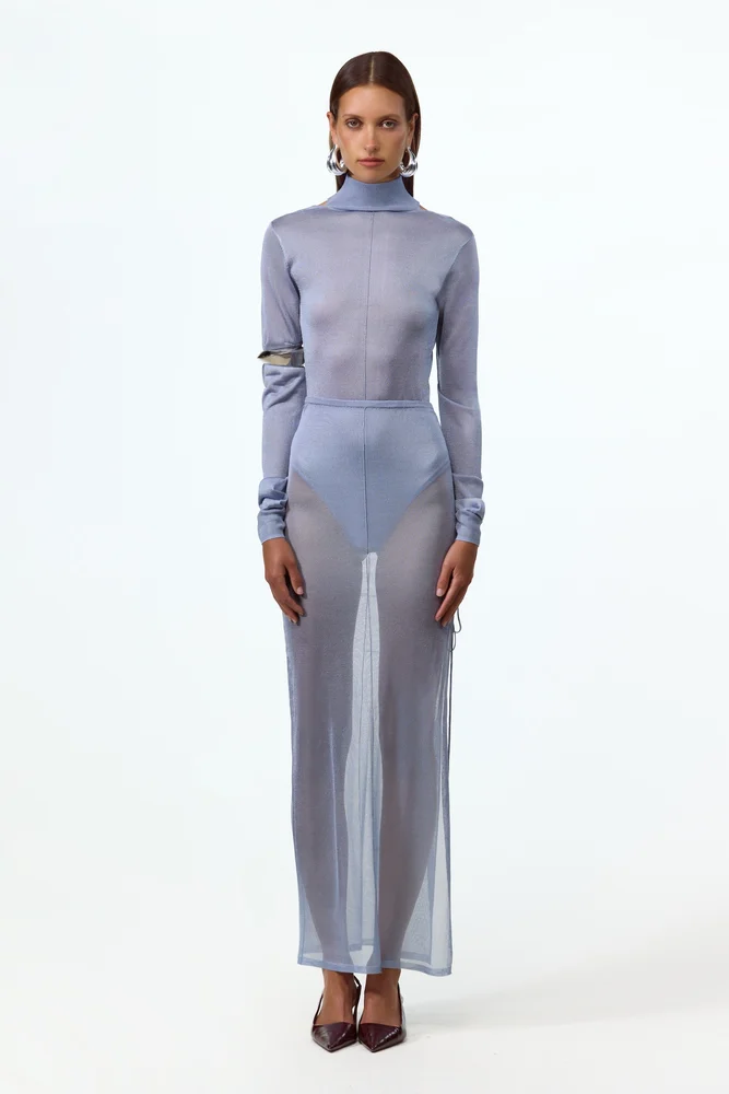 Ruched Knit Maxi Skirt (Light Blue)