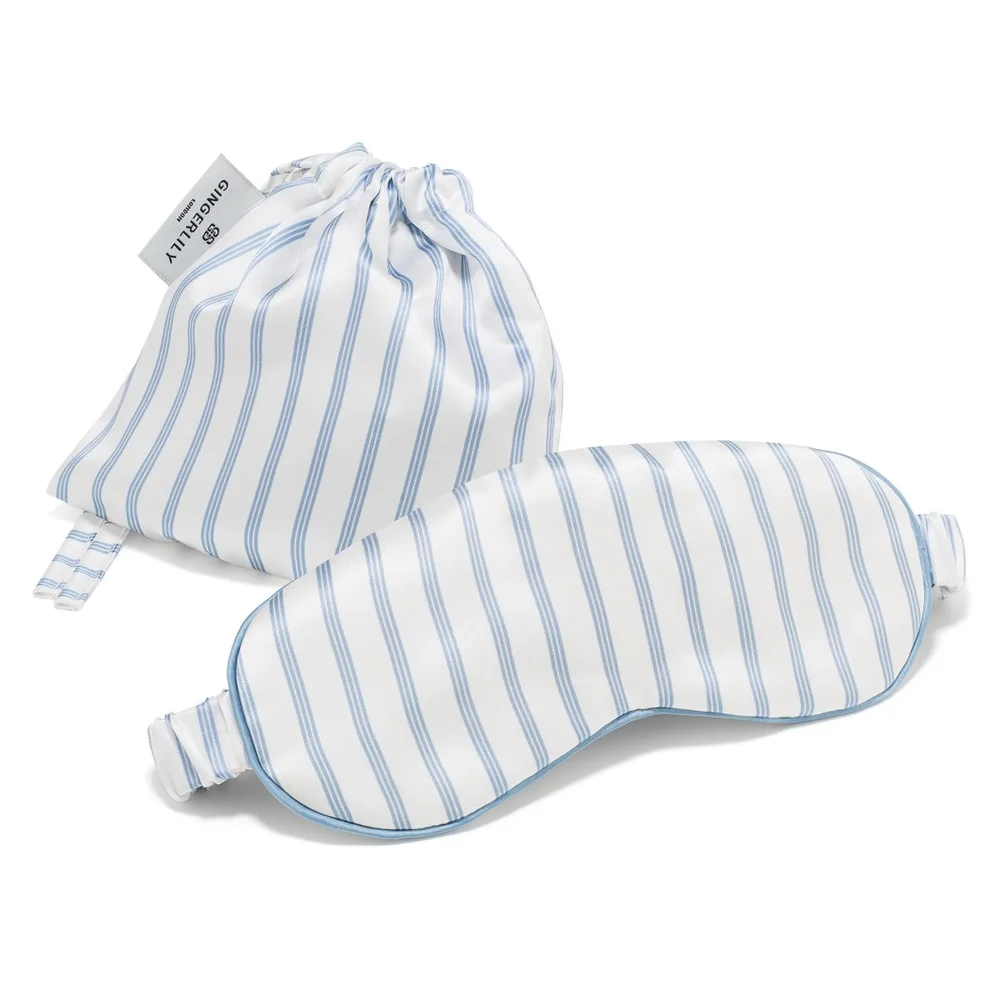 Silk Ticking Eye Mask with Pouch in Summerhill Blue & White