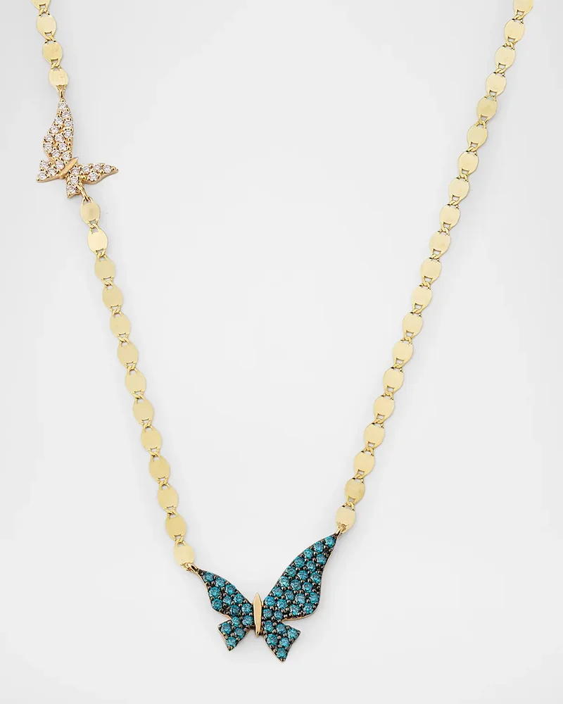 Denim Blue and White Diamond Double Butterfly Necklace