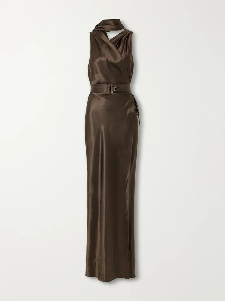 Rynn belted silk-duchesse halterneck gown