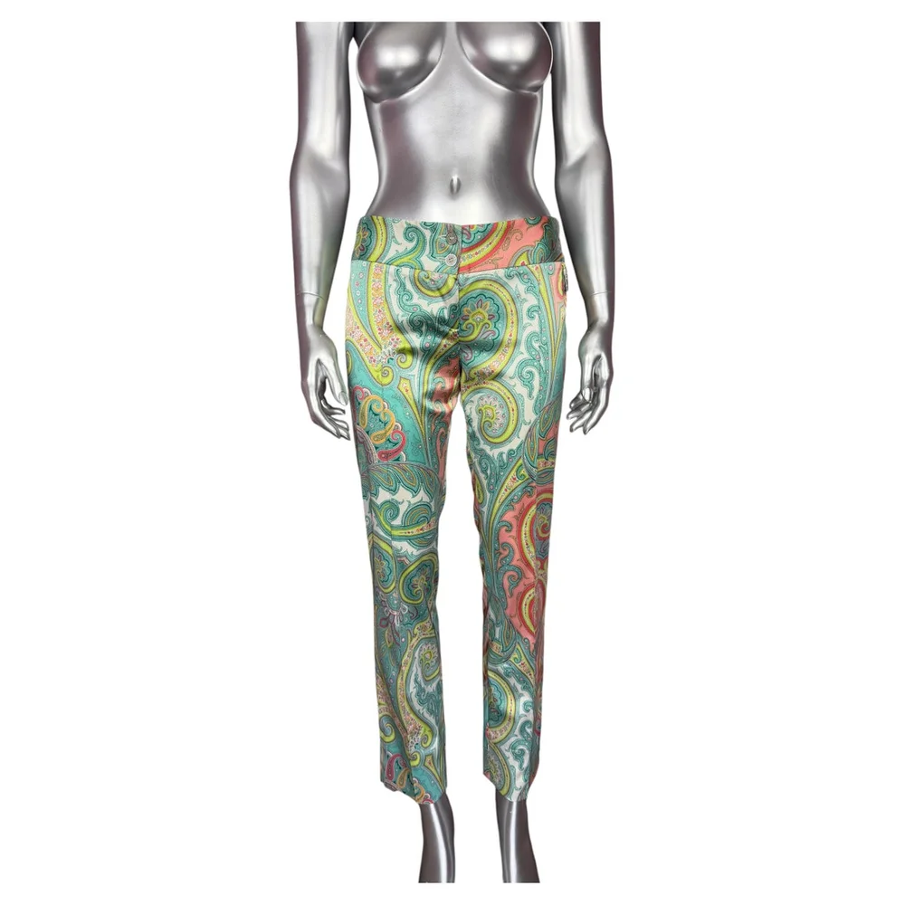 Dolce & Gabbana D&G Dolce & Gabbana Spring 2000 Silk Paisley Trousers with Rhinestone Logo